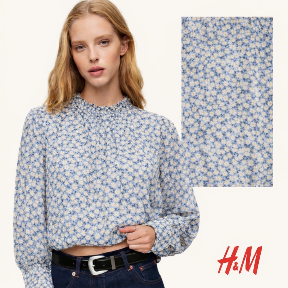 H&M Blue and White Floral Long-Sleeve Blouse